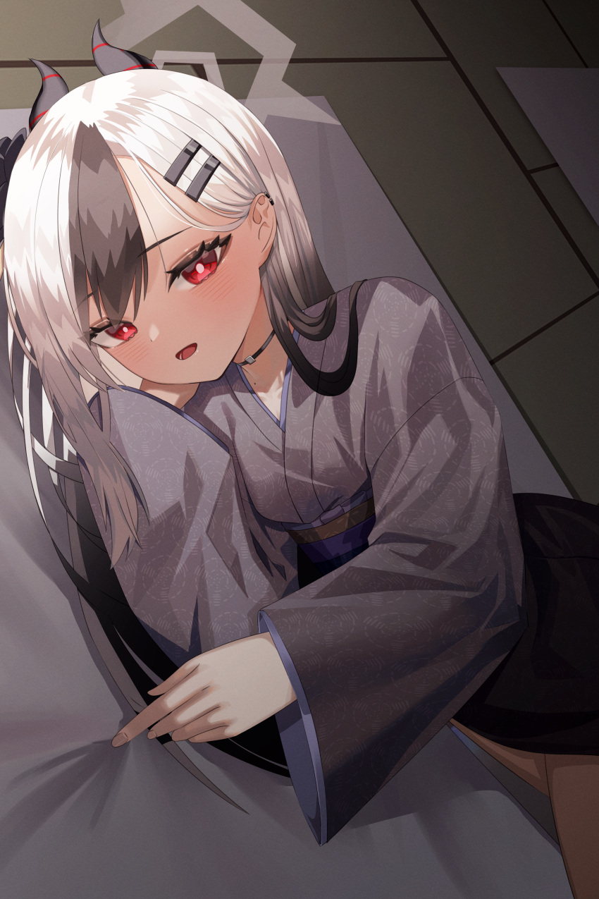 1girl absurdres black_choker black_hair black_kimono blue_archive blush bright_pupils choker demon_horns futon gimseol gradient_hair hair_ornament hairclip halo highres horns indoors japanese_clothes kayoko_(blue_archive) kayoko_(new_year)_(blue_archive) kimono long_sleeves looking_at_viewer lying multicolored_hair obi official_alternate_costume on_side open_mouth red_eyes sash smile solo wheel_print white_hair white_pupils