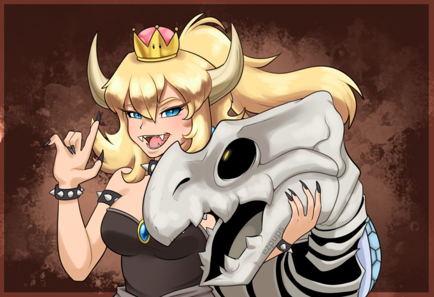 2_horns animal_humanoid animated_skeleton blonde_hair blue_eyes bone bowser bowsette_meme bracelet breasts clothed clothing collar crown duo ezpups fangs female hair headgear horn horned_humanoid humanoid jewelry koopa_humanoid mario_bros meme nails nintendo open_mouth open_smile ponytail scalie scalie_humanoid sharp_nails skeleton skull skull_head smile spiked_bracelet spiked_collar spikes super_crown teeth undead