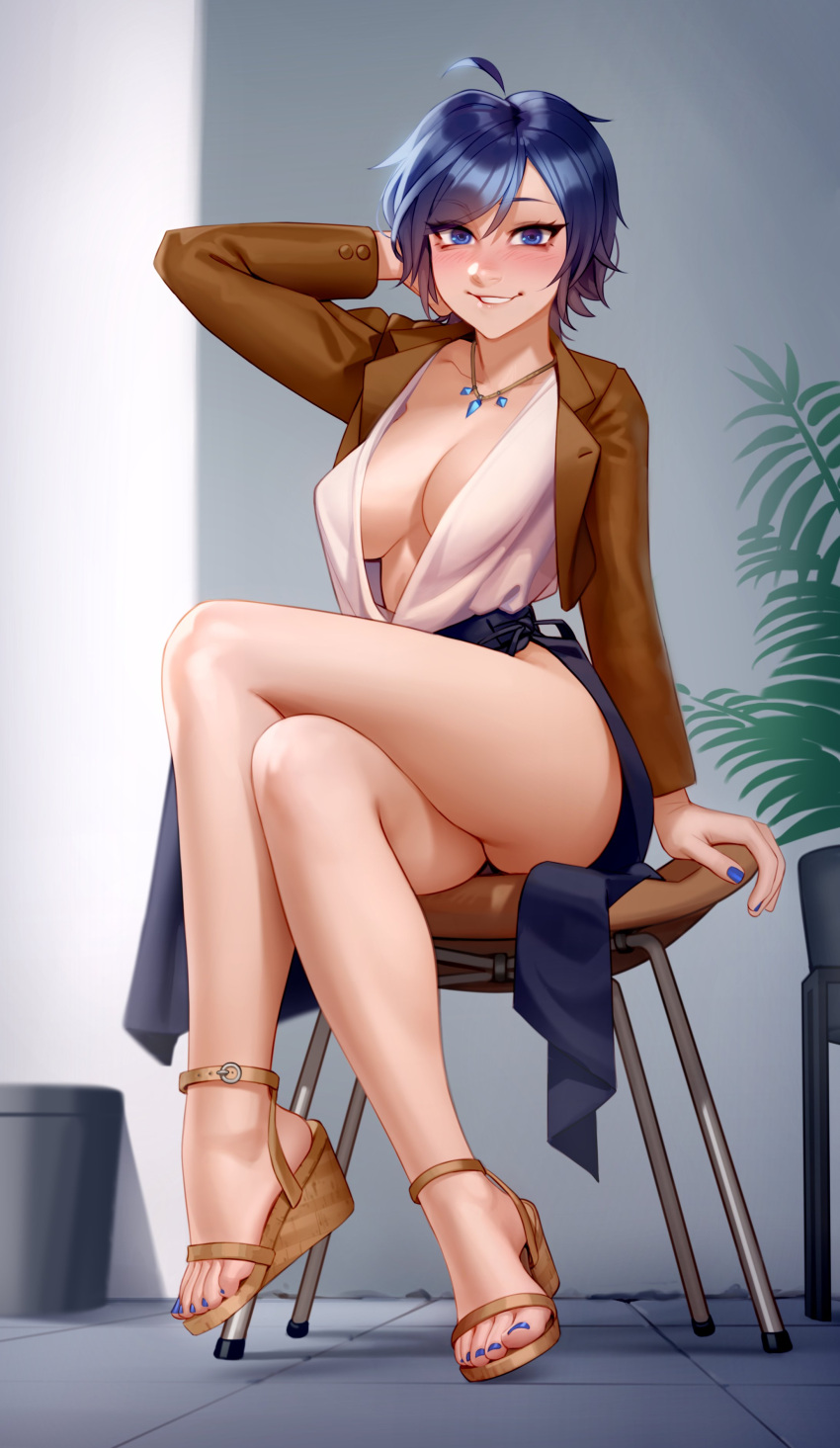 1girl absurdres blue_eyes blush breasts commission feet highres kairunoburogu large_breasts legs looking_at_viewer nail_polish no_bra office_lady open_clothes open_shirt original short_hair sitting smile solo toenail_polish toenails toes