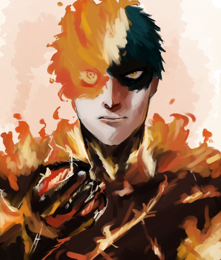 1boy agni_(fire_punch) agni_face_(meme) black_hair burn_scar burning clenched_hand fire_punch flaming_eye goldenpenhd highres looking_at_viewer meme scar short_hair solo yellow_eyes