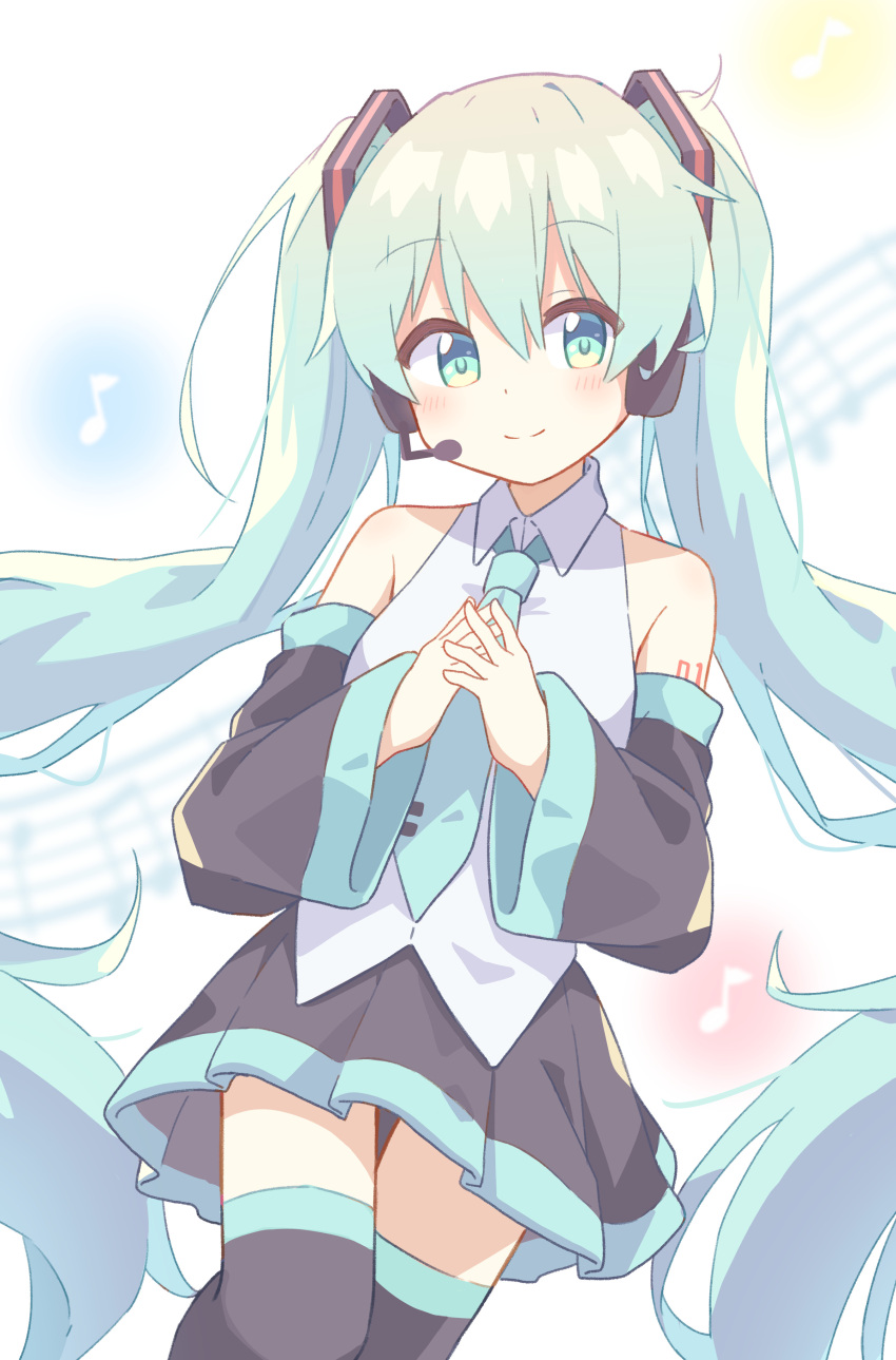 1girl absurdres aqua_eyes aqua_hair aqua_necktie black_skirt black_sleeves black_thighhighs closed_mouth collared_shirt detached_sleeves hair_ornament hatsune_miku highres long_hair long_sleeves looking_at_viewer miniskirt musical_note necktie pleated_skirt ryoku_sui shirt simple_background skirt sleeveless sleeveless_shirt smile solo standing thighhighs twintails underwear very_long_hair vocaloid white_background