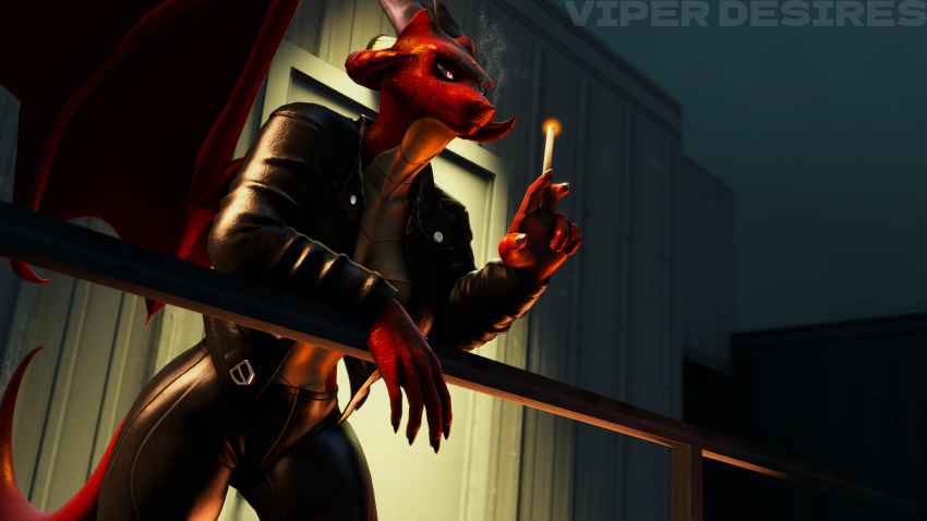 16:9 2023 3d_(artwork) anthro artist_name breasts cigarette claws clothing detailed_background digital_media_(artwork) dragon dragon_(petruz) dragon_wings female fingers hi_res horn jacket leather leather_clothing leather_jacket leather_topwear leggings legwear long_tail multicolored_body multicolored_scales night outside petruz_(copyright) red_body red_eyes red_scales scales scalie smoking smoking_cigarette snout solo source_filmmaker tail topwear tube_top two_tone_body two_tone_scales viper-desires watermark widescreen wings yellow_body yellow_scales