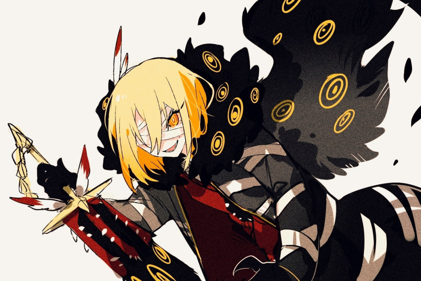 1girl aislan bandage_over_one_eye black_gloves blonde_hair don_quixote_(limbus_company) e.g.o_(project_moon) feather_hair_ornament feathers gloves greatsword hair_ornament holding holding_sword holding_weapon limbus_company lobotomy_corporation looking_at_viewer open_mouth project_moon short_hair simple_background smile solo sword weapon white_background yellow_eyes