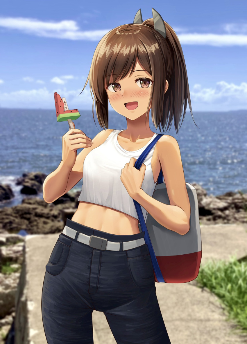 1girl alternate_costume black_pants blurry blurry_background blush brown_eyes brown_hair cowboy_shot day food highres holding holding_food holding_popsicle i-401_(kancolle) ichikawa_feesu kantai_collection looking_at_viewer ocean open_mouth outdoors pants photo_background ponytail popsicle short_hair smile solo tank_top watermelon_bar white_tank_top