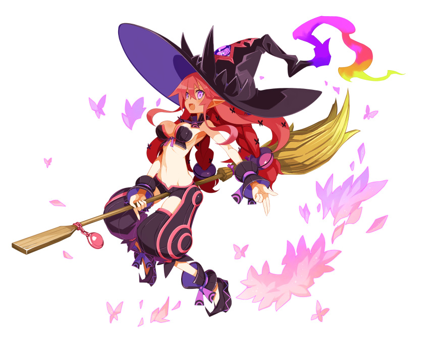 1girl braid breasts broom broom_riding butterfly_hair_ornament cosplay disgaea disgaea_rpg fang flying full_body hair_ornament hat highres large_breasts large_hat long_bangs long_hair metallica_(majo_to_hyakkihei) metallica_(majo_to_hyakkihei)_(cosplay) navel non-web_source official_art open_mouth photoshop_(medium) pink_hair pointy_ears pointy_footwear purple_eyes solo twin_braids witch witch_hat wrist_cuffs