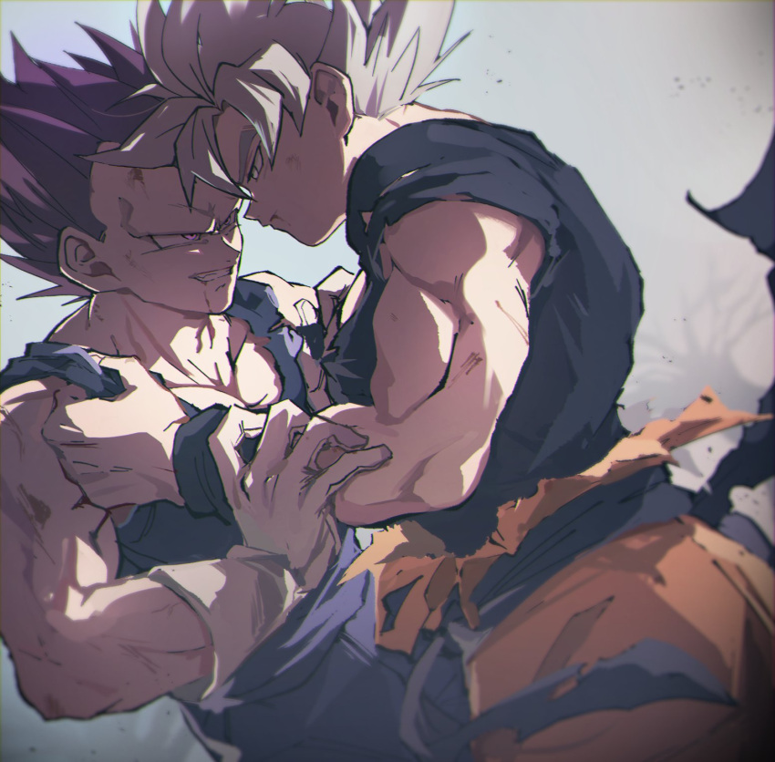 2boys bara blue_bodysuit bodysuit clenched_teeth dougi dragon_ball dragon_ball_super gloves highres injury large_pectorals looking_at_another male_focus multiple_boys muscular muscular_male no_eyebrows pectorals purple_hair short_hair son_goku spiked_hair teeth torn_bodysuit torn_clothes ultra_ego_(dragon_ball) ultra_instinct vegeta white_gloves white_hair wristband yaoi yutose_0