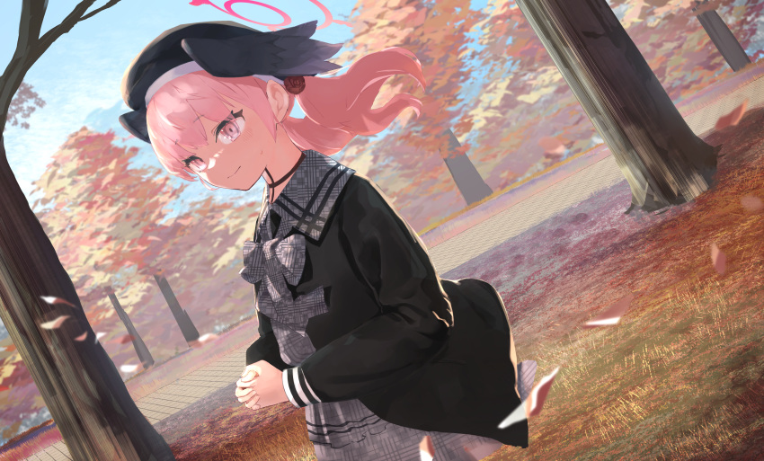 1girl absurdres autumn autumn_leaves beret black_headwear black_jacket black_wings blue_archive blush closed_mouth cthlo day dress grey_dress hat head_wings highres jacket koharu_(blue_archive) long_hair long_sleeves outdoors pink_eyes pink_hair solo tree twintails wings