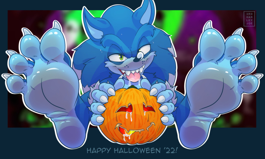 2022 3rdharleyjoe 4_toes 5_fingers anthro bodily_fluids claws countershade_feet countershading eulipotyphlan feet fingers foot_focus green_eyes halloween hedgehog holidays jack-o'-lantern looking_at_viewer male mammal plantigrade saliva sega solo sonic_the_hedgehog sonic_the_hedgehog_(series) toe_claws toes were wereeulipotyphlan werehog