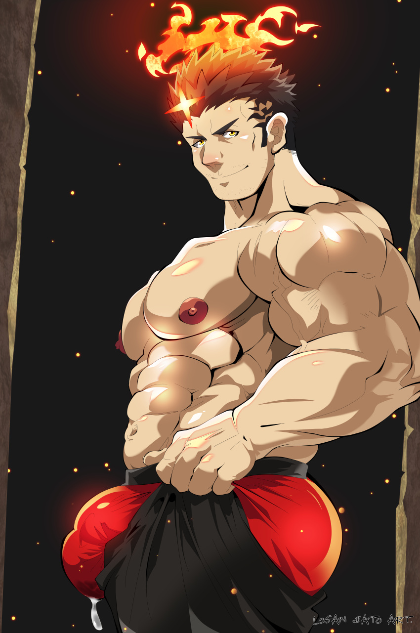 1boy abs absurdres ass_lift bara boxers bulge bulge_lift debris dressing feet_out_of_frame fiery_hair flaming_halo from_side halo highres i've_never_seen_a_guy_recreate_this_successfully_tbh_(meme) large_bulge large_pectorals long_sideburns looking_at_viewer looking_to_the_side male_focus male_underwear mature_male meme muscular muscular_male navel nipples open_pants pants pants_lift pectorals red_male_underwear rougantoreenaa short_hair sideburns smile solo sparse_stubble stomach thick_eyebrows tokyo_afterschool_summoners topless_male undersized_clothes underwear v-shaped_eyebrows zabaniyya_(housamo)