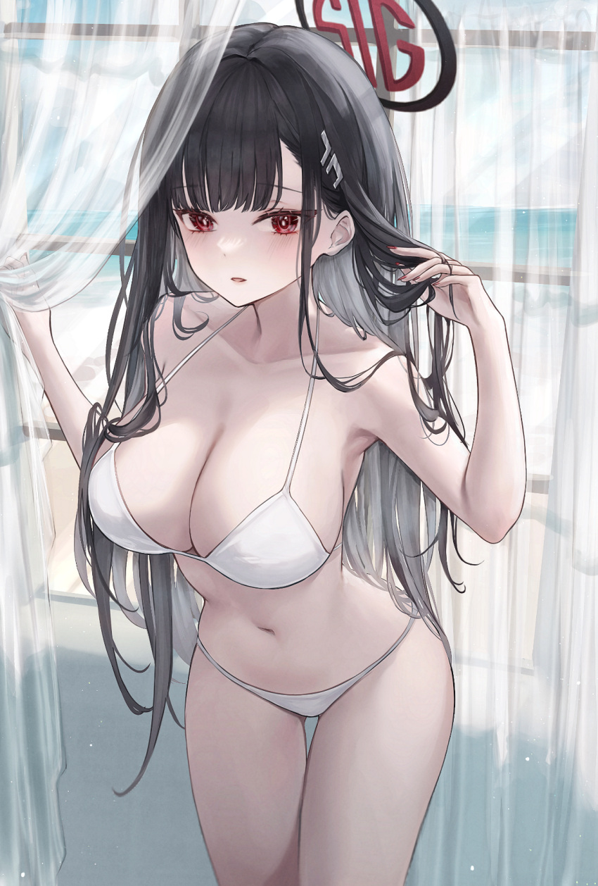 1girl alternate_costume at_congju bikini black_hair blue_archive blush breasts cleavage collarbone curtains feet_out_of_frame halo halterneck highres indoors large_breasts long_hair looking_at_viewer navel red_eyes rio_(blue_archive) solo stomach straight_hair string_bikini swimsuit thigh_gap very_long_hair white_bikini