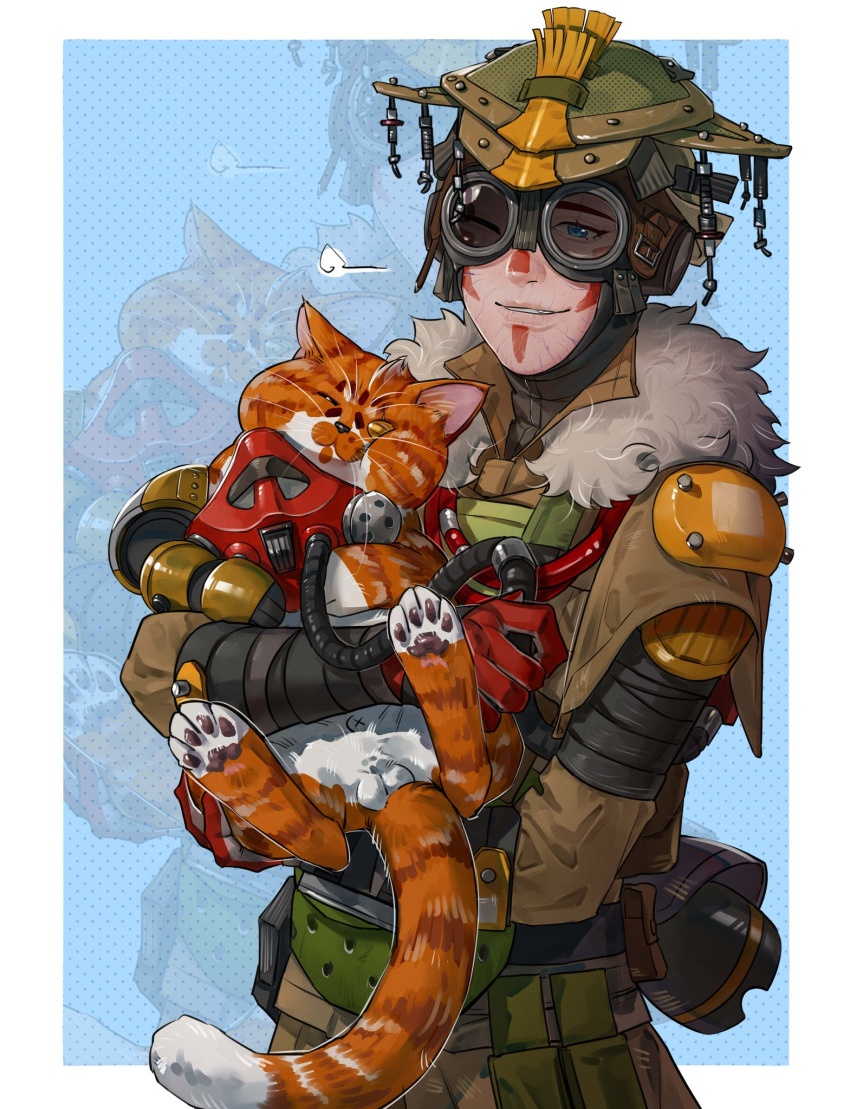 1other androgynous animal animalization animification apex_legends black_sweater bloodhound_(apex_legends) blue_background border brown_jacket brown_pants cable cat chinese_commentary chongmingggg facepaint fur-trimmed_jacket fur_trim fuse_(apex_legends) goggles green_headwear helmet highres holding holding_animal holding_cat jacket mechanical_legs one_eye_covered other_focus outside_border pants rebreather scar single_mechanical_leg smile solo_focus sweater testicles white_border x_anus zoom_layer