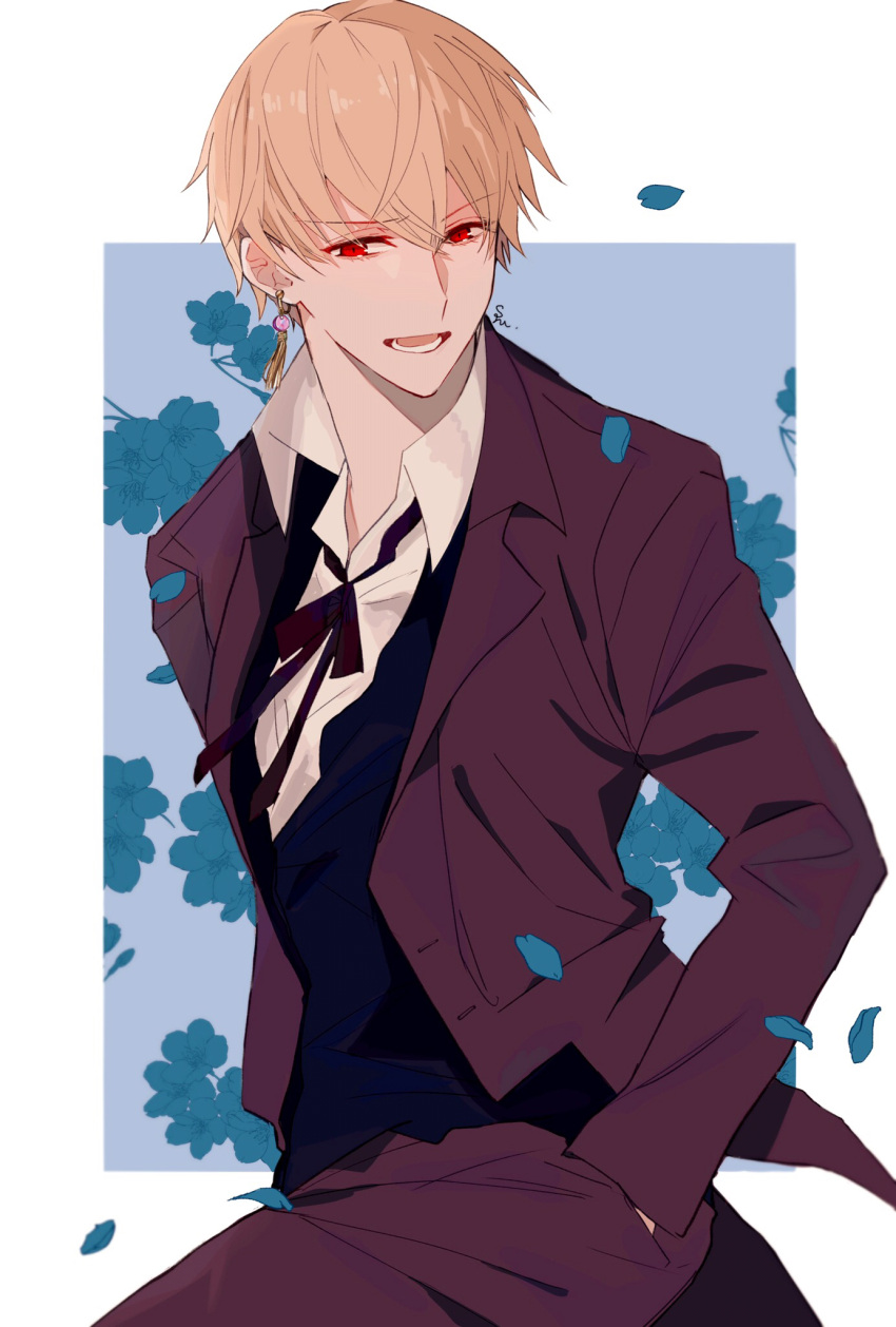 1boy blonde_hair border collared_shirt commentary cowboy_shot earrings fate/grand_order fate_(series) floral_print formal gilgamesh_(fate) hand_in_pocket highres jewelry lapels long_sleeves looking_at_viewer lower_teeth_only male_focus neck_ribbon notched_lapels open_clothes open_mouth petals red_eyes ribbon shirt short_hair shu_(oshigoto_boshuuchuu) solo teeth white_border