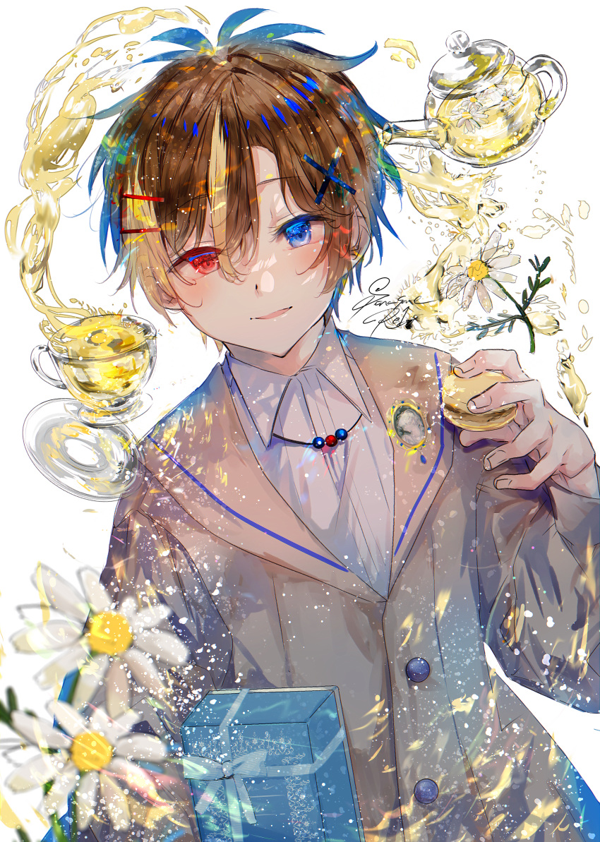 1boy absurdres blonde_hair blue_eyes blue_hair blush brown_coat brown_hair coat collared_shirt cup flower hair_ornament hairpin heterochromia highres jewelry kettle male_focus multicolored_hair necklace original red_eyes rei_12110814 shirt short_hair smile solo tea teacup white_background white_flower white_shirt