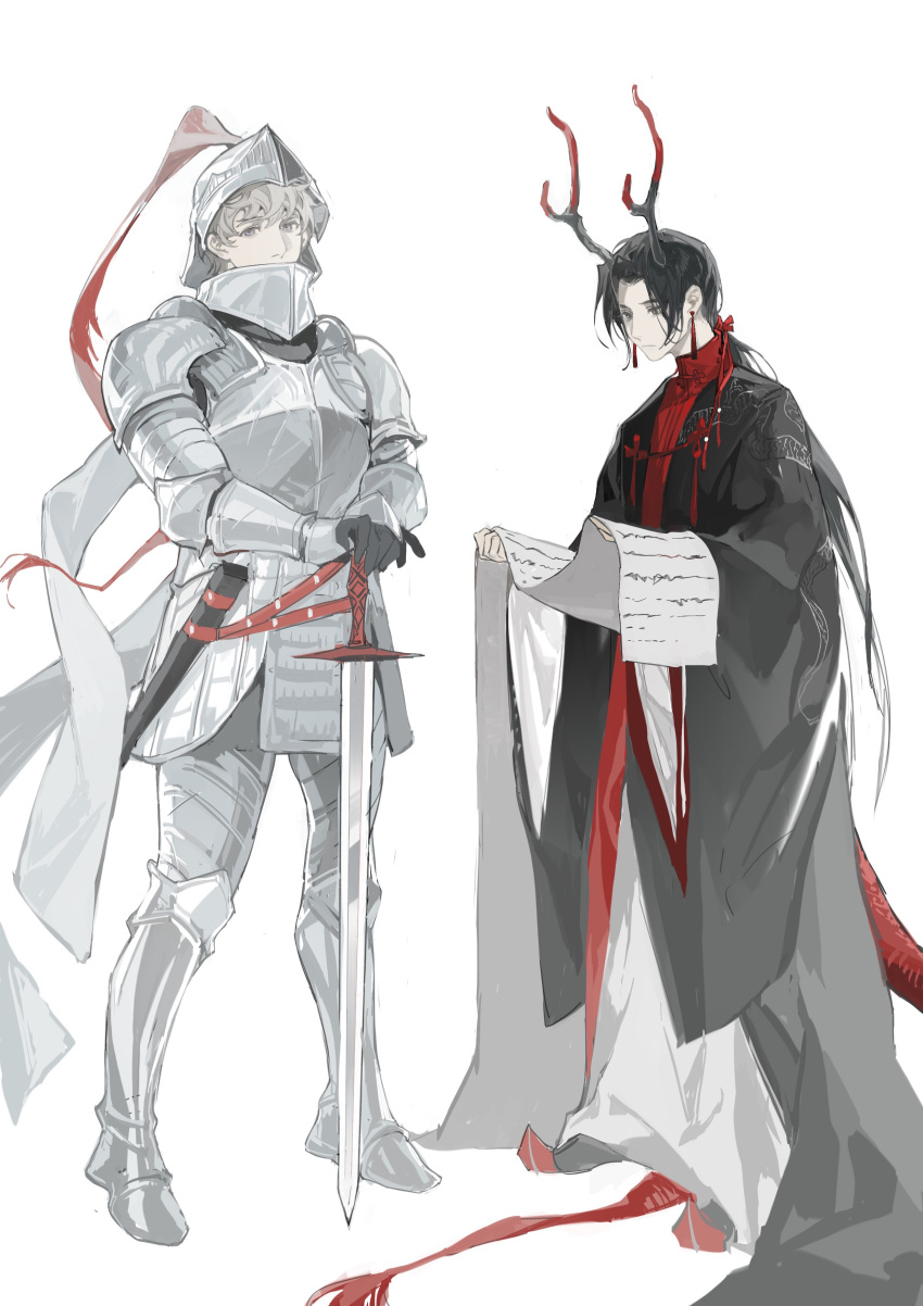 2boys absurdres antlers armor armored_boots axis_powers_hetalia bangs black_coat black_footwear black_gloves black_hair boots china_(hetalia) chinese_clothes closed_mouth coat colored_shoe_soles covered_mouth etekuru full_armor gloves gorget grey_hair hands_up helm helmet highres holding legs_apart long_hair long_sleeves looking_at_viewer low_ponytail male_focus multiple_boys own_hands_together pauldrons plate_armor ponytail russia_(hetalia) scabbard scroll sheath short_hair shoulder_armor simple_background standing sword toggles unsheathed v_arms vambraces very_long_hair weapon white_background wide_sleeves