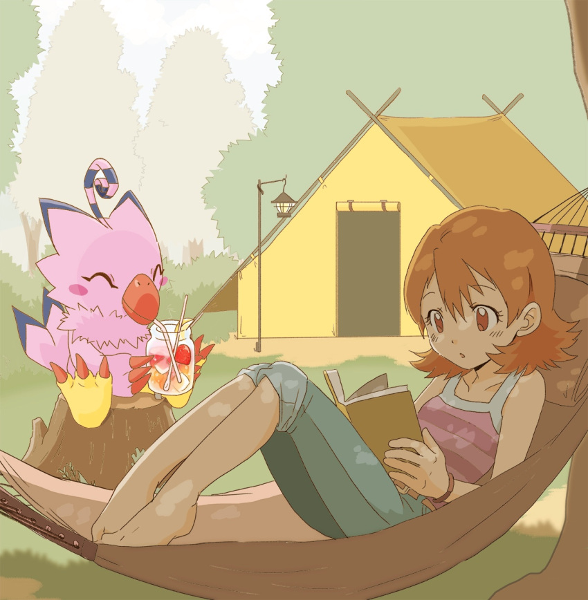 1girl barefoot belt bird book brown_belt closed_eyes denim digimon digimon_(creature) digimon_adventure feet gdn0522 hair_between_eyes highres jeans orange_eyes orange_hair outdoors pants piyomon reading takenouchi_sora tree