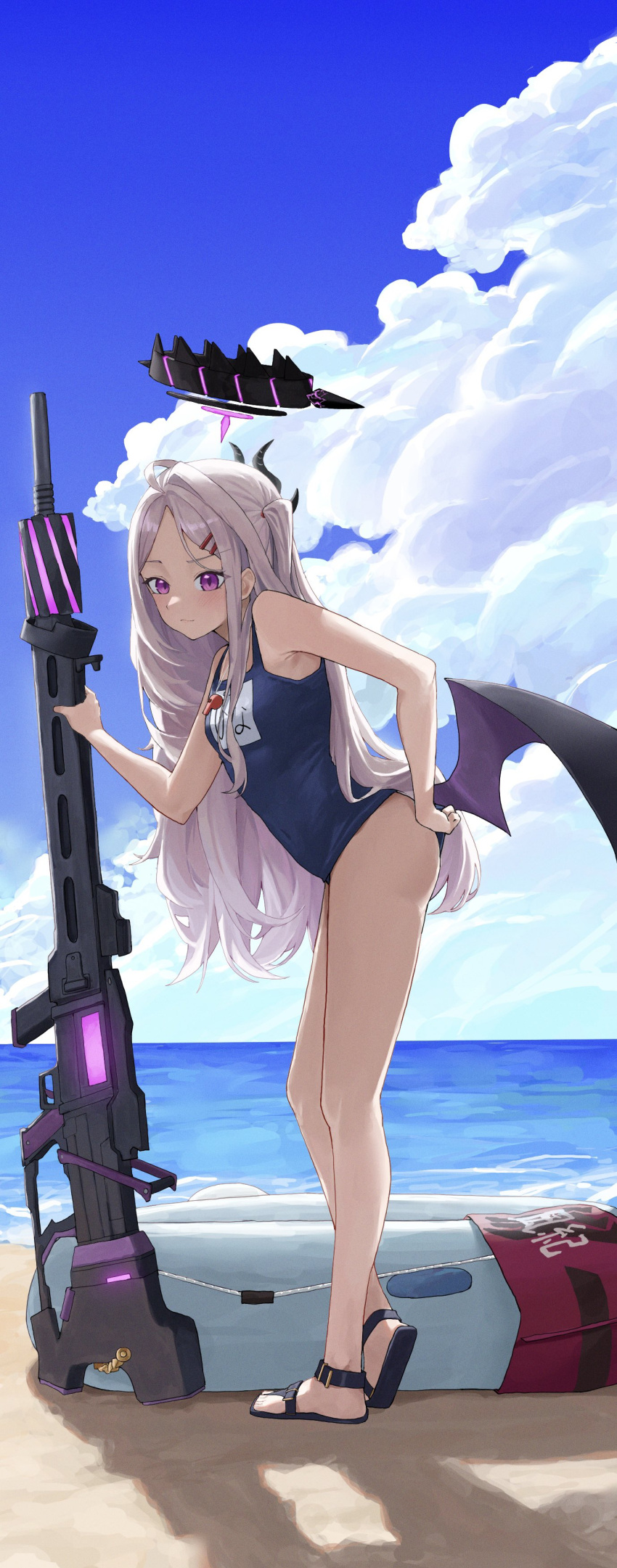 1girl absurdres adjusting_clothes adjusting_swimsuit ahoge arm_support armpits ass backlighting beach black_footwear blue_archive blue_sky blurry cloud cloudy_sky commentary_request demon_girl demon_horns demon_wings depth_of_field forehead from_side full_body gun hair_ornament hairclip halo highres hina_(blue_archive) hina_(swimsuit)_(blue_archive) holding holding_gun holding_weapon horizon horns leaning_forward lifebuoy long_hair looking_at_viewer looking_to_the_side machine_gun mg42 name_tag ocean official_alternate_costume old_school_swimsuit one_side_up purple_eyes sandals school_swimsuit sidelocks sky sleeveless solo standing swimsuit tai_saka toes weapon whistle whistle_around_neck white_hair wings