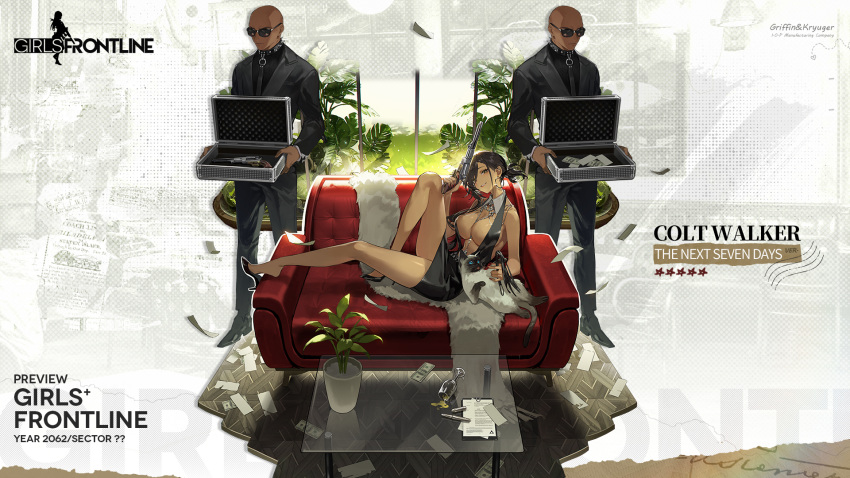 1girl 2boys artist_request black_hair black_jacket black_skirt breasts briefcase cat character_name clipboard colt_walker colt_walker_(girls'_frontline) colt_walker_(the_next_seven_days)_(girls'_frontline) copyright_name couch cup dark-skinned_female dark-skinned_male dark_skin drinking_glass english_commentary english_text girls'_frontline glass_table green_eyes gun hair_over_one_eye highres holding holding_briefcase holding_gun holding_weapon jacket jewelry large_breasts looking_at_viewer multiple_boys necklace necklace_between_breasts official_alternate_costume on_couch plant potted_plant revolver short_hair siamese_cat sitting skirt smile spill star_(symbol) suit table weapon wine_glass