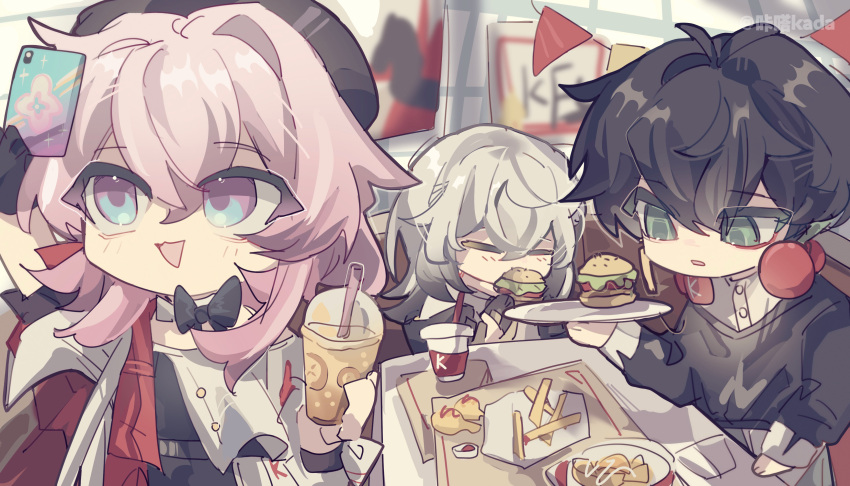 1boy 2girls absurdres arm_up artist_name beret black_bow black_headwear black_shirt blue_eyes blush bow burger cellphone chinese_commentary collar commentary_request cropped_jacket cup dan_heng_(honkai:_star_rail) dan_heng_(kfc)_(honkai:_star_rail) deformed detached_collar disposable_cup drinking_straw earrings eating food hand_up hat high_belt highres holding holding_food holding_phone honkai:_star_rail honkai_(series) jacket jewelry kada_kada march_7th_(honkai:_star_rail) march_7th_(kfc)_(honkai:_star_rail) medium_hair multicolored_clothes multicolored_jacket multiple_girls off-shoulder_jacket off-shoulder_shirt off_shoulder official_alternate_costume phone pink_eyes pink_hair red_jacket selfie shirt short_sleeves single_earring smartphone stelle_(honkai:_star_rail) trailblazer_(honkai:_star_rail) two-tone_eyes white_collar white_jacket