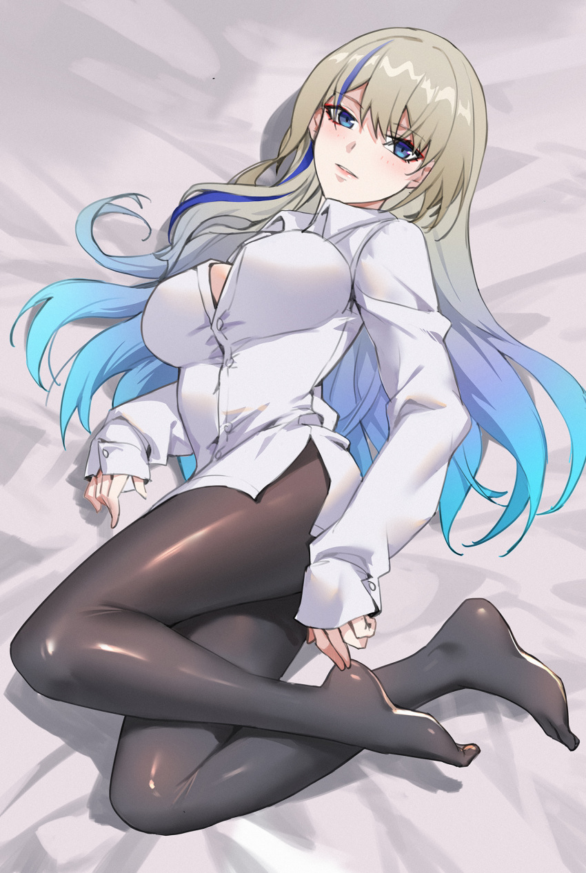 1girl bed_sheet black_pantyhose blonde_hair blue_eyes blue_hair breasts feet fine_fabric_emphasis gradient_hair highres honkai:_star_rail honkai_(series) large_breasts legs linreplica long_hair long_sleeves looking_at_viewer lying multicolored_hair no_shoes pantyhose serval_landau shirt solo thighs toes very_long_hair white_shirt