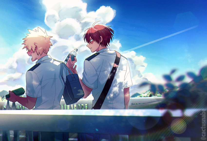 2boys anger_vein annoyed arm_at_side bag bakugou_katsuki blonde_hair blue_bag blue_eyes blue_sky blurry blurry_foreground blush boku_no_hero_academia bottle branch bridge burn_scar cactusnabe chromatic_aberration cloud collared_shirt commentary_request contrail cowlick cumulonimbus_cloud dappled_sunlight day drink ear_blush embarrassed film_grain floating_hair from_behind gradient_sky halftone hand_up hands_up highres holding holding_bag holding_bottle leaf lens_flare looking_at_another looking_to_the_side male_focus motion_lines multicolored_hair multiple_boys non-circular_lens_flare open_mouth outdoors outline parted_lips profile railing rainbow_gradient red_hair scar scar_on_face school_uniform shade shirt shopping_bag short_hair short_sleeves shoulder_bag shoulder_strap sky spiked_hair split-color_hair summer_uniform sunlight todoroki_shouto twitter_username two-tone_hair u.a._school_uniform upper_body walking white_hair white_outline white_shirt