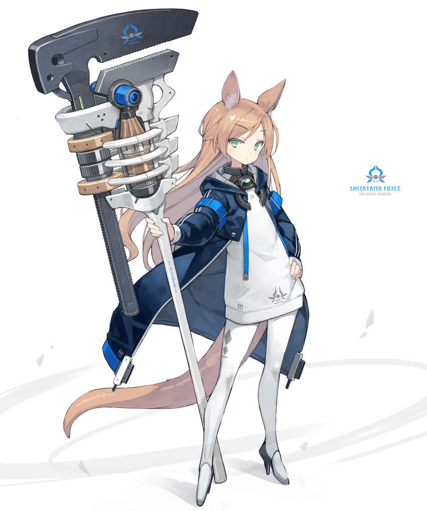 1girl adjustable_wrench animal_ear_fluff animal_ears armband blue_armband blue_coat closed_mouth coat collar commentary_request english_text full_body green_eyes half_updo hand_on_own_hip hand_up high_heels highres holding holding_wrench hooded_coat kangaroo_ears kangaroo_girl light_brown_hair long_hair long_shirt long_sleeves looking_at_viewer metal_collar open_clothes open_coat original oversized_object pantyhose parted_bangs pipe_wrench poco_(asahi_age) puffy_long_sleeves puffy_sleeves shirt sideways_glance simple_background slit_pupils solo standing tail underwear white_background white_pantyhose white_shirt wrench zipper