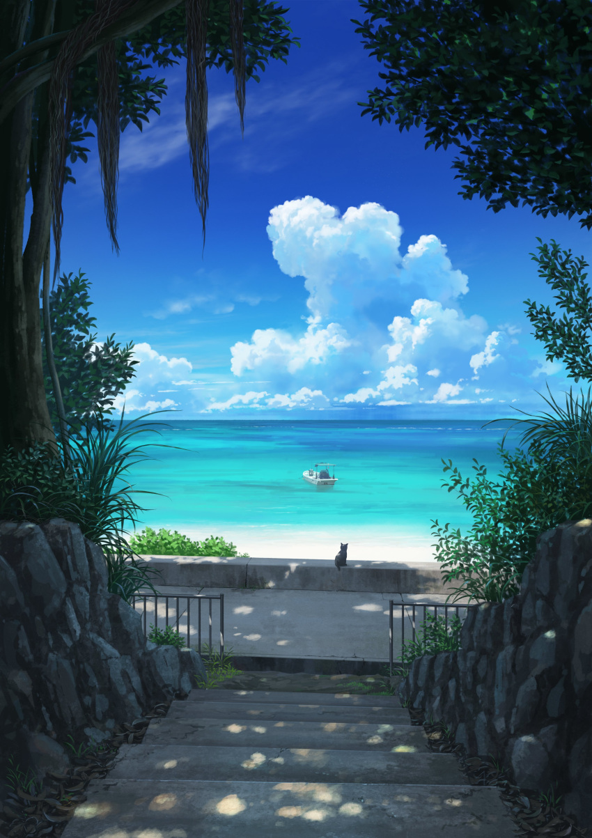 absurdres animal beach black_cat blue_sky boat bush cat fence grass highres horizon no_humans ocean original pei_(sumurai) sand scenery sidewalk sky stairs summer tree tree_shade watercraft