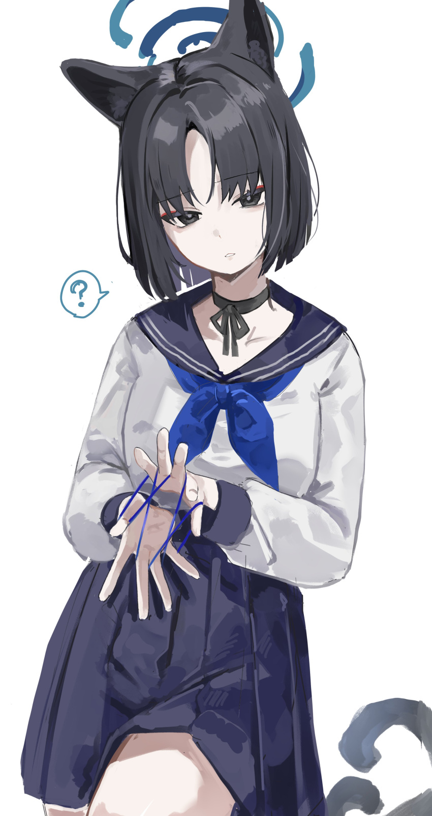 1girl ? absurdres animal_ears black_eyes black_hair black_sailor_collar black_skirt blue_archive blue_neckerchief cat_ears cat_tail cowboy_shot deitaku haori highres japanese_clothes kikyou_(blue_archive) long_sleeves looking_at_viewer multiple_tails neckerchief open_mouth pleated_skirt sailor_collar short_hair simple_background skirt solo spoken_question_mark tail two_tails white_background