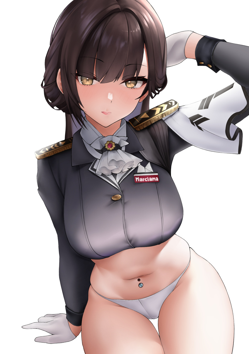 1girl absurdres arm_support arm_up ascot black_jacket breasts brown_eyes brown_hair character_name closed_mouth crop_top cropped_jacket english_commentary epaulettes gloves goddess_of_victory:_nikke half_updo highres jacket large_breasts long_hair long_sleeves looking_at_viewer marciana_(nikke) military_jacket military_uniform name_tag navel navel_piercing no_pants panties piercing ryuvie sidelocks simple_background sitting solo thigh_gap underwear uniform white_ascot white_background white_gloves white_panties