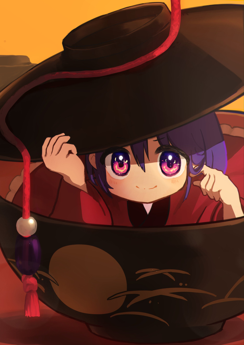 1girl absurdres black_headwear blush bowl bowl_hat closed_mouth hair_between_eyes hangaku_th hat highres in_bowl in_container japanese_clothes kimono long_sleeves looking_at_viewer pink_eyes purple_hair red_kimono short_hair smile solo sukuna_shinmyoumaru touhou wide_sleeves