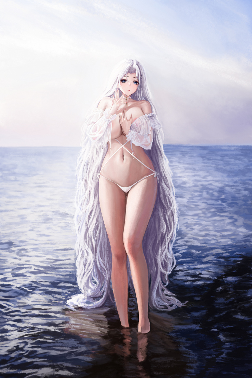 1girl absurdly_long_hair absurdres areola_slip azur_lane bikini blue_eyes breasts choker covering covering_breasts cross cross_choker full_body hand_on_own_chest highres huge_breasts long_hair looking_at_viewer nail_polish official_alternate_costume outdoors red_nails see-through see-through_sleeves solo standing string_bikini swimsuit thong_bikini very_long_hair wading water white_bikini white_choker wjy1347193 yorktown_(azur_lane) yorktown_ii_(azur_lane) yorktown_ii_(bright-sky_mermaid)_(azur_lane)