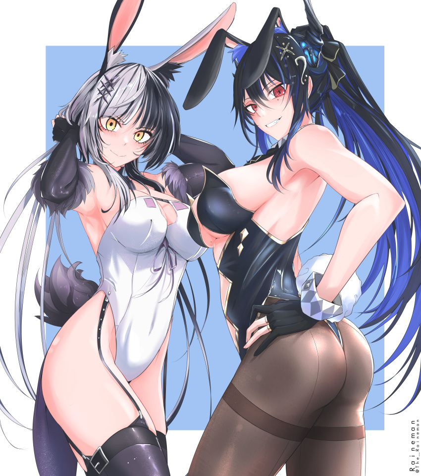 2girls absurdres alternate_costume alternate_hair_length alternate_hairstyle animal_ear_fluff animal_ears arched_back armpits artist_name ass back-seamed_legwear bare_shoulders black_garter_straps black_gloves black_hair black_leotard black_pantyhose black_thighhighs blue_hair breasts brown_pantyhose cleavage_cutout clothing_cutout coattails colored_inner_hair commentary cowboy_shot elbow_gloves english_commentary fingerless_gloves fur-trimmed_gloves fur_trim garter_straps gloves grey_hair hands_on_own_hips hands_up highleg highleg_leotard highres hololive hololive_english horns large_breasts legs leotard leotard_peel long_hair looking_at_viewer low_twintails mole mole_under_eye multicolored_hair multiple_girls nerissa_ravencroft pantyhose playboy_bunny plunging_neckline rabbit_ears rabbit_tail red_eyes seamed_legwear shiori_novella sideboob signature slit_pupils split-color_hair straight_hair strapless strapless_leotard tail the_raineman thighband_pantyhose thighhighs twintails twisted_torso twitter_username underboob very_long_hair virtual_youtuber white_leotard wrist_cuffs yellow_eyes