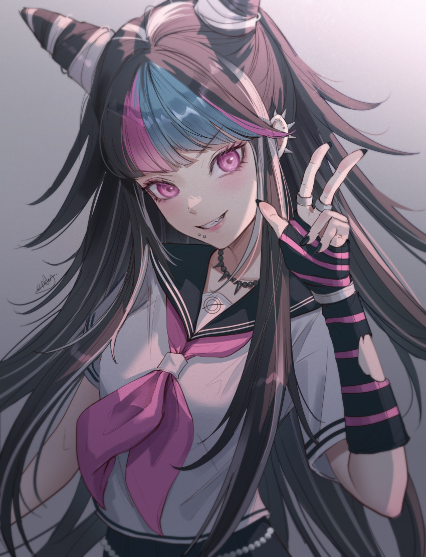 1girl absurdres aendi_en_d_endei black_gloves black_hair black_sailor_collar black_skirt blue_hair bracelet cowboy_shot danganronpa_(series) danganronpa_2:_goodbye_despair fang gloves gradient_background grey_background grin hair_horns highres jewelry long_hair mioda_ibuki mouth_piercing multicolored_hair neckerchief open_mouth piercing pink_eyes pink_hair pink_neckerchief pleated_skirt sailor_collar school_uniform shirt short_sleeves skirt smile solo striped striped_gloves torn_clothes torn_gloves w white_hair