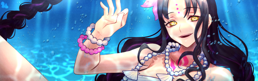 1girl 86ch absurdres black_hair bracelet caustics chest_tattoo commentary facial_mark fate/grand_order fate_(series) flower forehead_mark hair_flower hair_ornament hand_up highres jewelry long_hair looking_at_viewer mudra necklace open_mouth parted_bangs pearl_bracelet pearl_necklace pink_bracelet pink_flower pink_hair portrait sessyoin_kiara sessyoin_kiara_(swimsuit_mooncancer)_(first_ascension) shell shell_necklace smile solo tattoo underwater vitarka_mudra white_bracelet yellow_eyes