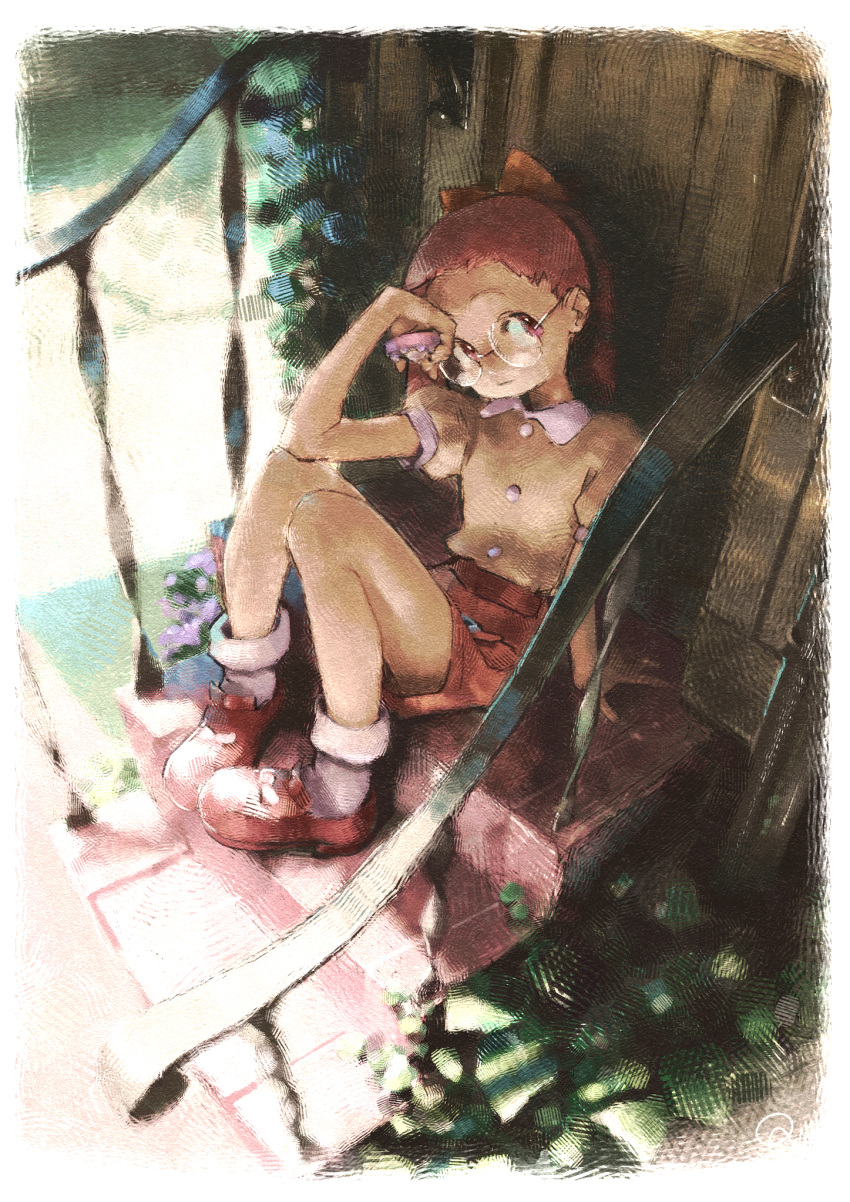 1girl bobby_socks bow closed_mouth collared_shirt door fujiwara_hazuki hair_bow highres ojamajo_doremi orange_bow orange_shorts pink_eyes pink_hair puffy_short_sleeves puffy_sleeves red_footwear round_eyewear shirt short_sleeves shorts sitting sitting_on_stairs socks solo stairs tenshinhannnn white_socks wooden_door yellow_shirt