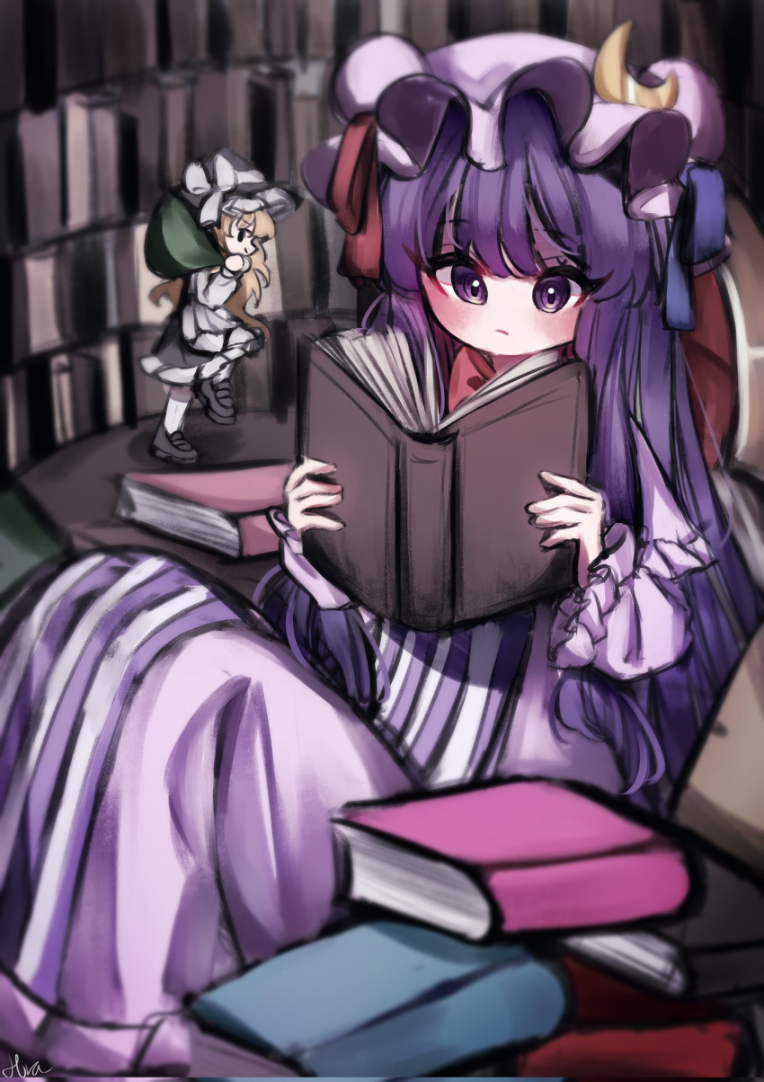 1girl book dress hat highres holding holding_book kirisame_marisa library patchouli_knowledge purple_dress purple_eyes purple_hair reading sitting sneaking striped striped_dress tohou89 touhou