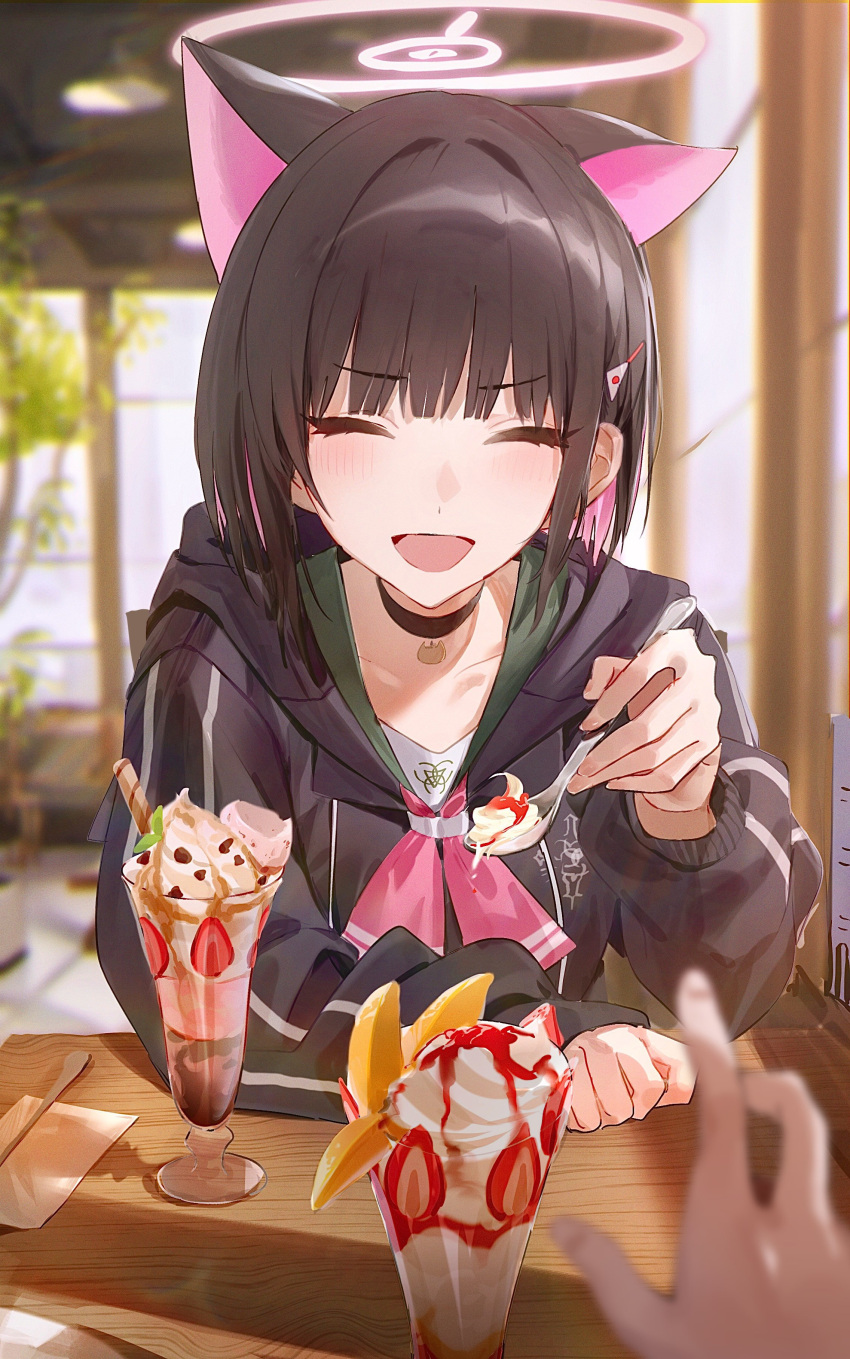 1girl 1other absurdres animal_ears black_hair black_hoodie blue_archive cat_ears closed_eyes colored_inner_hair extra_ears facing_viewer flatshi food hair_ornament hairclip halo highres holding holding_spoon hood hoodie kazusa_(blue_archive) long_sleeves multicolored_hair open_mouth parfait pink_hair pink_halo short_hair smile solo_focus spoon