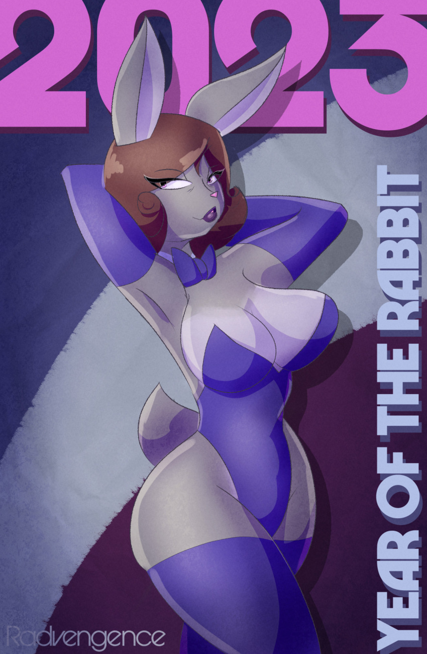 anthro big_breasts blue_clothing bow_tie breasts brown_hair bunny_costume chinese_zodiac cleavage clothed clothing costume digital_media_(artwork) female fur gloves grey_body grey_fur hair hands_behind_head handwear hi_res holidays lagomorph legwear leporid lipstick looking_at_viewer makeup mammal mature_female new_year new_year_2023 pink_eyes purple_lipstick rabbit radvengence simple_background solo text thigh_highs year_of_the_rabbit