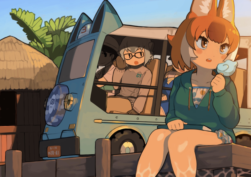 4girls alternate_costume animal_ears aran_sweater black_eyes blue_sky book book_on_lap brown_gloves brown_hair brown_pantyhose cable_knit captain_(kemono_friends) car collarbone commentary_request common_dolphin_(kemono_friends) dhole_(kemono_friends) drawstring driving drooling eating evening food glasses gloves green_hoodie green_shirt grey_hair grey_sweater hand_to_own_mouth hat highres holding holding_book hood hood_down hoodie hut japari_symbol kemono_friends kemono_friends_3 long_sleeves looking_at_another looking_to_the_side meerkat_(kemono_friends) motor_vehicle mouth_drool multicolored_hair multiple_girls on_bench orange_gloves outdoors palm_tree pantyhose popsicle rinx shirt short_hair short_sleeves shouting_with_hands sitting sitting_on_bench sky sleeping smile streaked_hair sweater thatched_roof tree white_sleeves