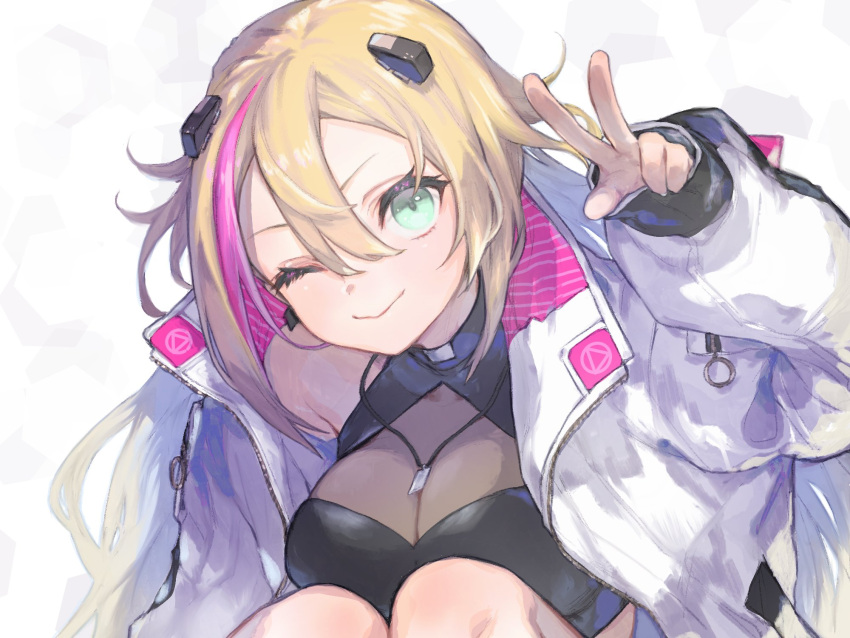 1girl black_shirt blonde_hair cropped_shirt english_commentary hair_between_eyes highres jacket jewelry leaning_forward long_hair looking_at_viewer maple_alcesia_(artist) multicolored_hair necklace official_alternate_costume one_eye_closed phase_connect pink_hair rinkou_ashelia shirt sitting sleeves_past_wrists smile solo streaked_hair v very_long_hair white_jacket