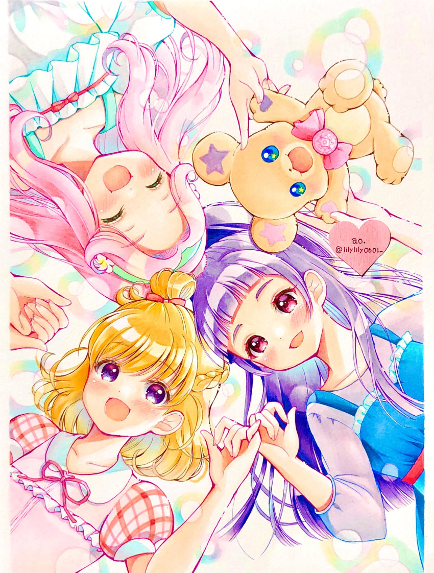 3girls asahina_mirai blonde_hair blunt_bangs blush closed_eyes folded_braid green_headband hanami_kotoha headband heart highres izayoi_liko lilylily0601 long_hair mahou_girls_precure! mofurun_(mahou_girls_precure!) multiple_girls open_mouth parted_bangs pink_eyes pink_hair pinky_swear precure purple_eyes purple_hair smile stuffed_animal stuffed_toy swept_bangs teddy_bear