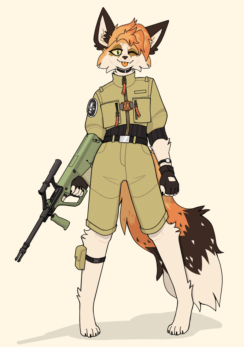 absurd_res anthro assault_rifle blep bottomwear canid canine clothed clothing digitigrade fingerless_gloves fox gloves gun handwear hi_res jacket male mammal one_eye_closed pants ranged_weapon rifle roonefox simple_background solo standing steyr_aug tongue tongue_out topwear weapon white_background yellow_sclera