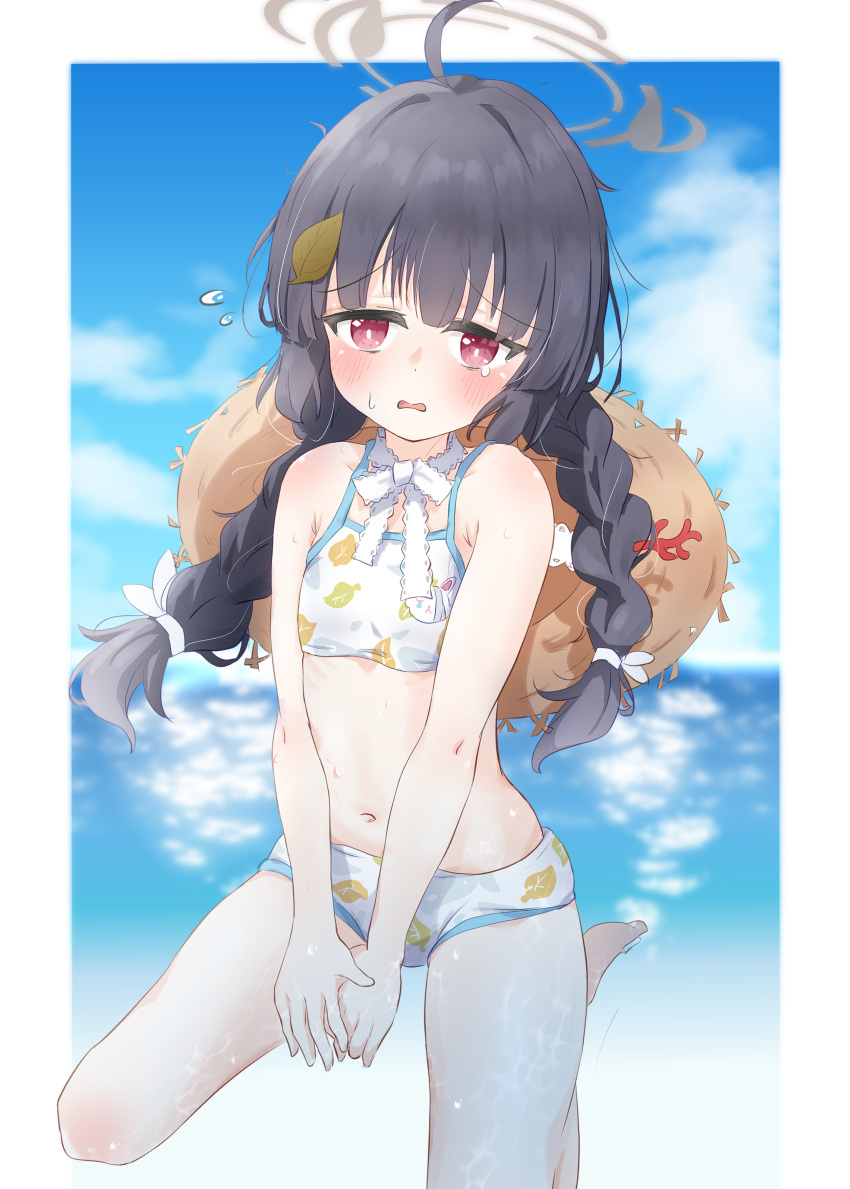 1girl absurdres ahoge armpit_crease bare_arms bare_legs bikini black_hair blue_archive braid bright_pupils commentary_request flat_chest flying_sweatdrops hair_ribbon halo hat hat_on_back highres leaf_print legs_apart long_hair low_twin_braids miyu_(blue_archive) miyu_(swimsuit)_(blue_archive) navel official_alternate_costume red_eyes ribbon sitting straw_hat sweatdrop swimsuit tareme tearing_up twin_braids u9ffo wariza white_bikini white_pupils white_ribbon
