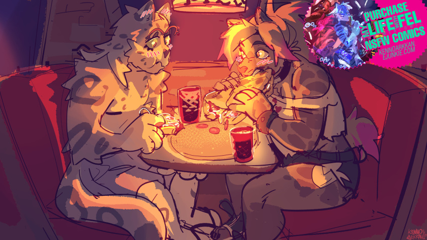 16:9 advertisement blush boon_digges digital_media_(artwork) dinner duo eyewear felid food hi_res hyena kenno_(kennoarkkan) kenno_arkkan male mammal pantherine pizza pizza_slice snow_leopard widescreen