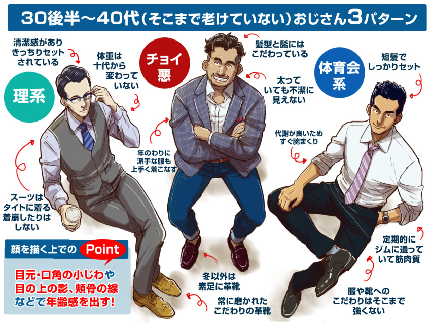 3boys adjusting_eyewear anime_coloring beard_stubble belt brown_footwear collared_shirt crossed_arms dark-skinned_male dark_skin glasses grey_vest invisible_chair jacket male_focus mamaredo mature_male multiple_boys necktie original shirt short_hair sitting striped_necktie vest watch wristwatch