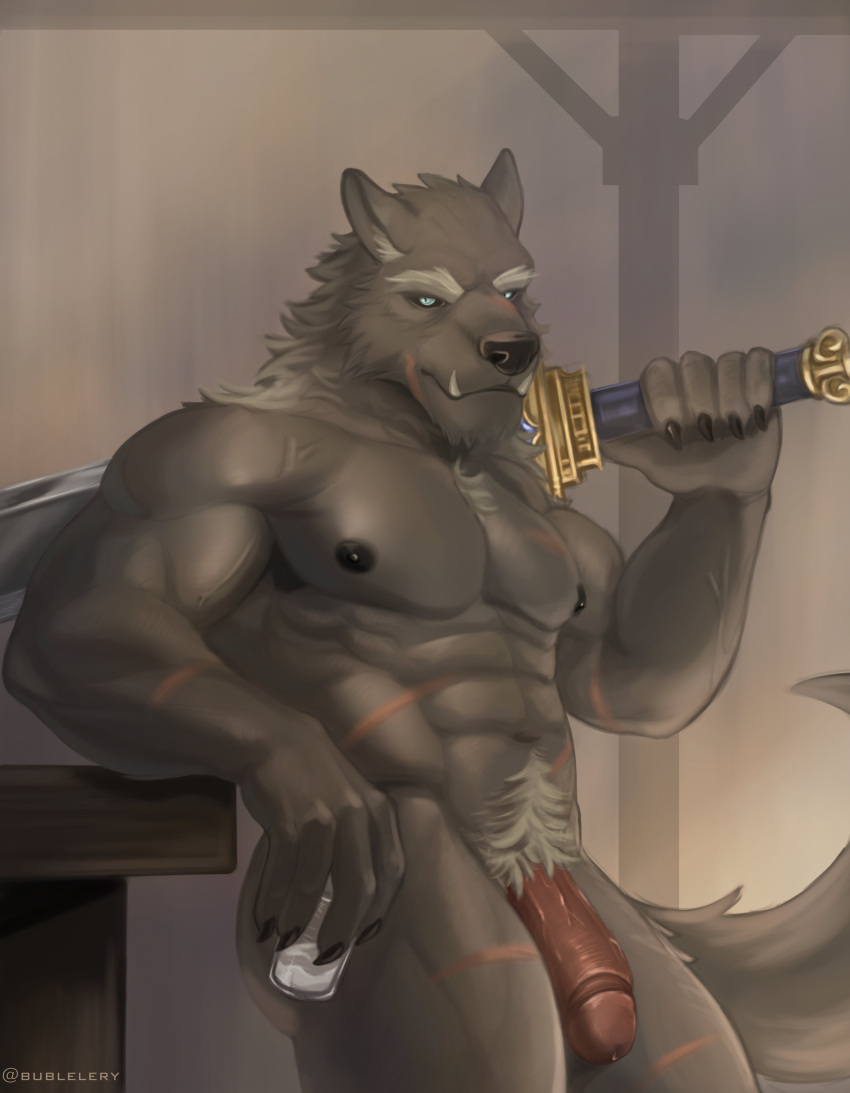 absurd_res anthro black_nipples blaidd_(elden_ring) bublelery canid canine canis container cup drinking_glass elden_ring fangs flaccid fromsoftware genitals glass glass_container glass_cup hi_res male mammal melee_weapon muscular muscular_male nipples penis pubes scar solo sword teeth weapon wolf