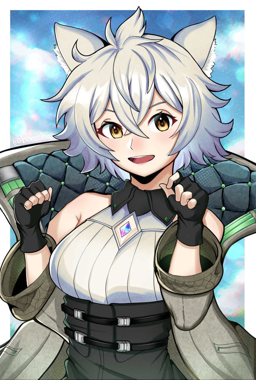 1girl absurdres animal_ears bonoshii breasts cat_ears cat_girl chest_jewel clothing_cutout core_crystal_(xenoblade) crystal diamond_cutout fingerless_gloves gloves high-waist_shorts highres looking_at_viewer medium_breasts messy_hair na'el_(xenoblade) romper short_hair short_shorts shorts solo thighhighs thighs xenoblade_chronicles_(series) xenoblade_chronicles_3 xenoblade_chronicles_3:_future_redeemed yellow_eyes