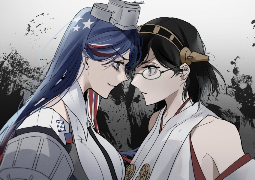 2girls black_hair black_necktie blue_hair breasts closed_mouth detached_sleeves eye_contact forehead-to-forehead glasses headgear heads_together highres ichimonme_(ichi) jacket japanese_clothes kantai_collection kirishima_(kancolle) long_hair looking_at_another multicolored_hair multiple_girls necktie nontraditional_miko open_clothes open_jacket red_hair shirt short_hair simple_background sleeveless sleeveless_shirt south_dakota_(kancolle) star_(symbol) upper_body white_hair white_shirt