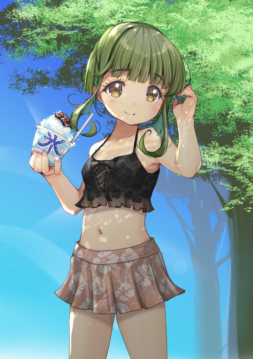 1girl absurdres bikini bikini_skirt blue_sky blunt_bangs bob_cut breasts brown_eyes cloud cowboy_shot dress floral_print food green_hair highres kantai_collection looking_at_viewer midriff mismatched_bikini navel official_alternate_costume pink_skirt pleated_dress shaved_ice short_hair short_hair_with_long_locks sidelocks skirt sky small_breasts solo standing swimsuit takanami_(kancolle) takanami_kai_ni_(kancolle) tree yashin_(yasinz)