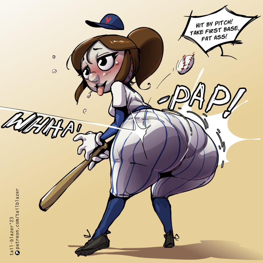 2023 ball baseball_(ball) baseball_(sport) baseball_bat baseball_cap baseball_uniform bat_(object) big_butt blush brown_hair butt clothing female for_a_head hair hat headgear headwear hi_res humanoid looking_pleasured mlb mrs._met new_york_mets not_furry object_head ponytail solo sport sportswear tail-blazer tongue tongue_out uniform