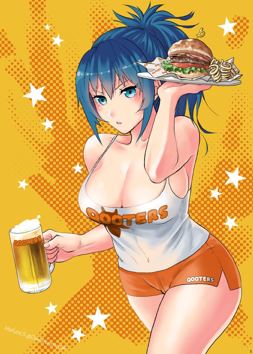 1girl alcohol beer beer_mug blue_eyes blue_hair brand_name_imitation breasts burger cup employee_uniform food highres hooters large_breasts leona_heidern mug no_legwear onion_rings orange_shorts ponytail print_tank_top sakura_mafumi short_shorts shorts sleeveless solo tank_top the_king_of_fighters uniform waitress